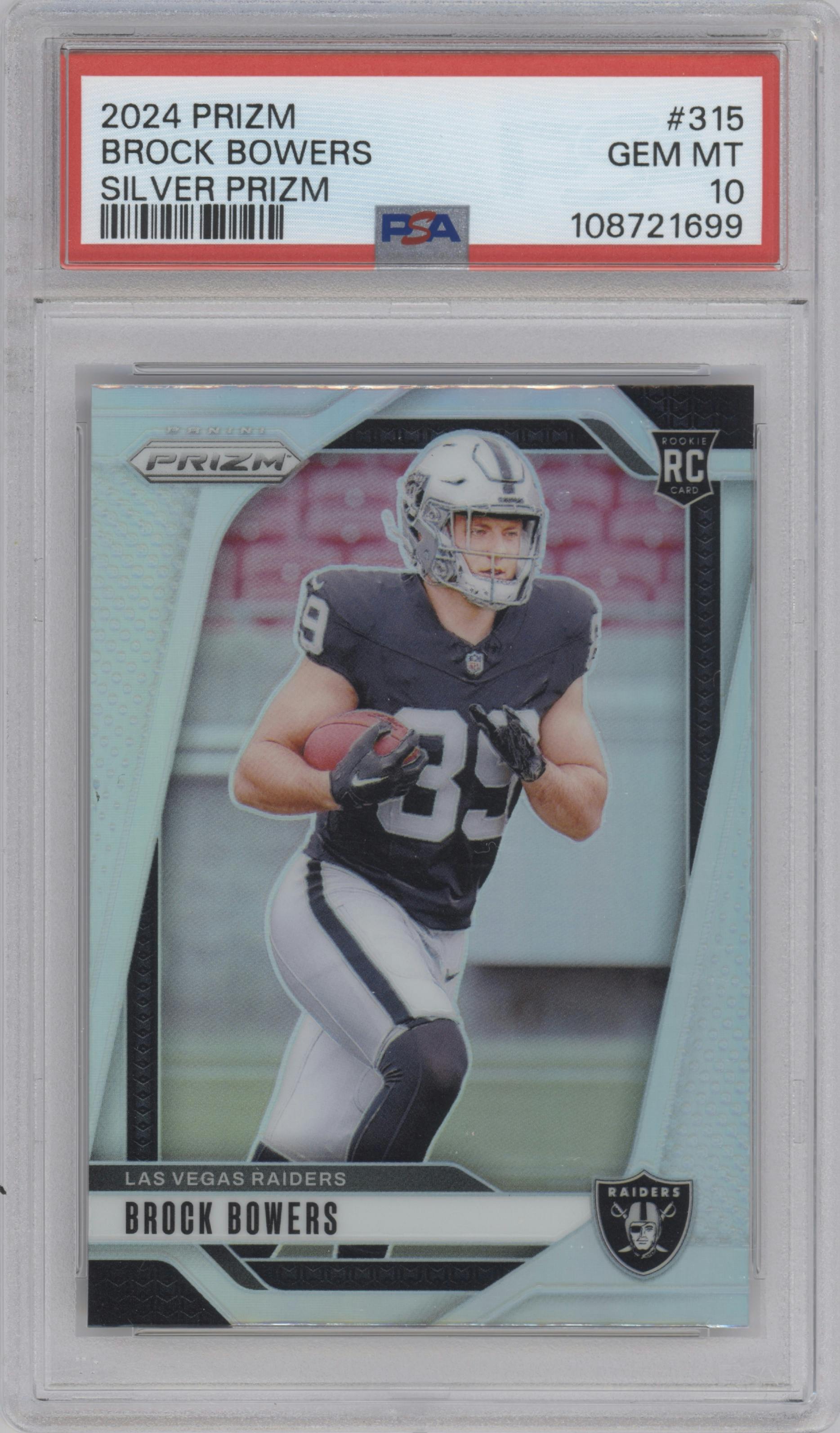 Brock Bowers from the 2024 Panini Prizm set featuring a Silver Prizm parallel graded by PSA and given an overall grade of 10.
