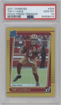 Trey Lance from the 2021 Panini Donruss set featuring a Press Proof Premium parallel graded by PSA and given an overall grade of 10.