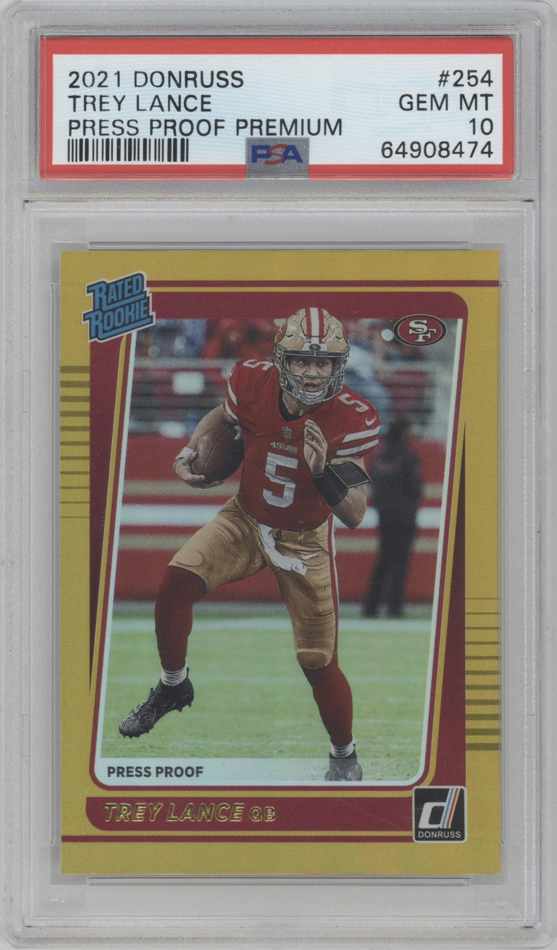 Trey Lance from the 2021 Panini Donruss set featuring a Press Proof Premium parallel graded by PSA and given an overall grade of 10.