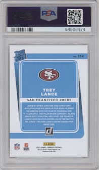 Trey Lance from the 2021 Panini Donruss set featuring a Press Proof Premium parallel graded by PSA and given an overall grade of 10.