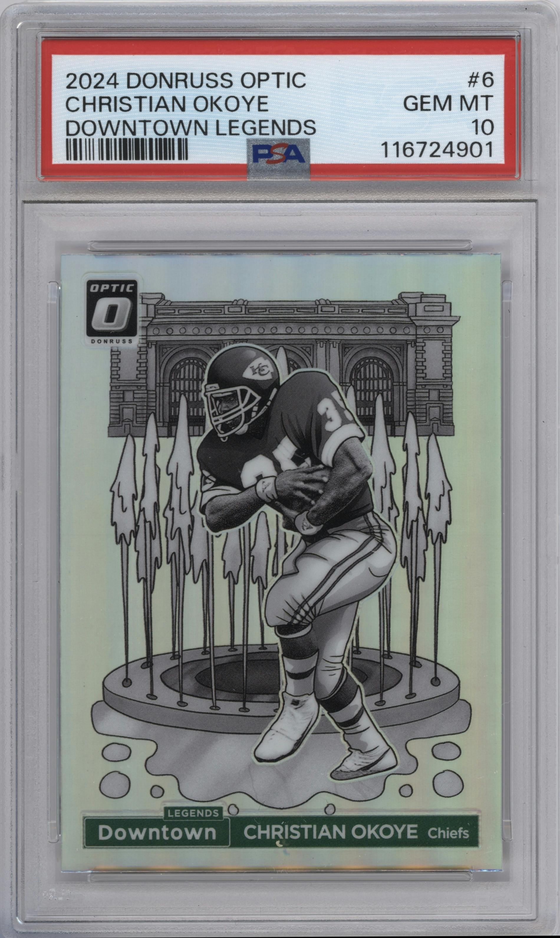 Christian Okoye from the 2024 Donruss Optic set graded by PSA and given an overall grade of 10.