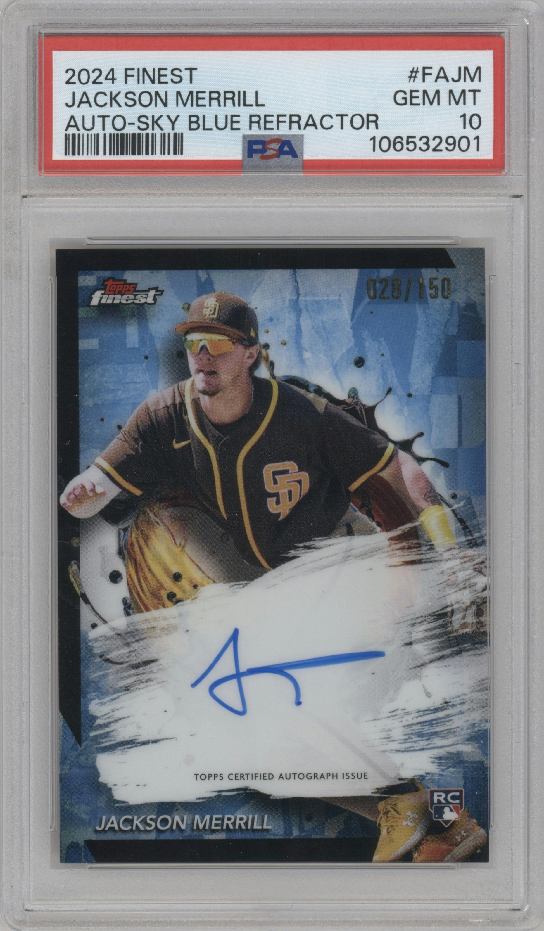 Jackson Merrill from the 2024 Topps Finest set featuring a Sky Blue Refractor parallel graded by PSA and given an overall grade of 10.