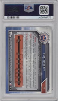 Pete Alonso from the 2019 Bowman Chrome set graded by PSA and given an overall grade of 10.