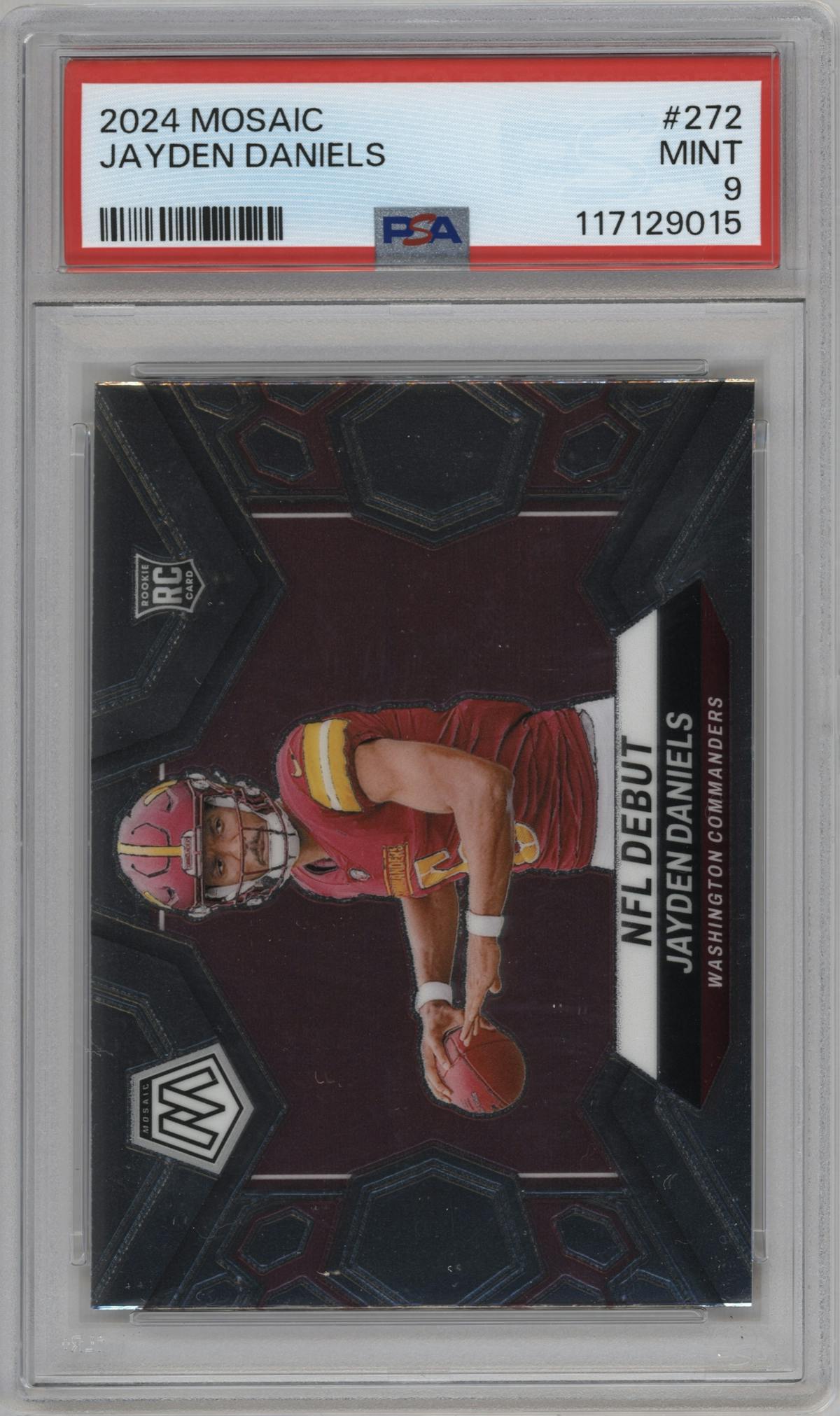 Jayden Daniels from the 2024 Panini Mosaic set graded by PSA and given an overall grade of 9.