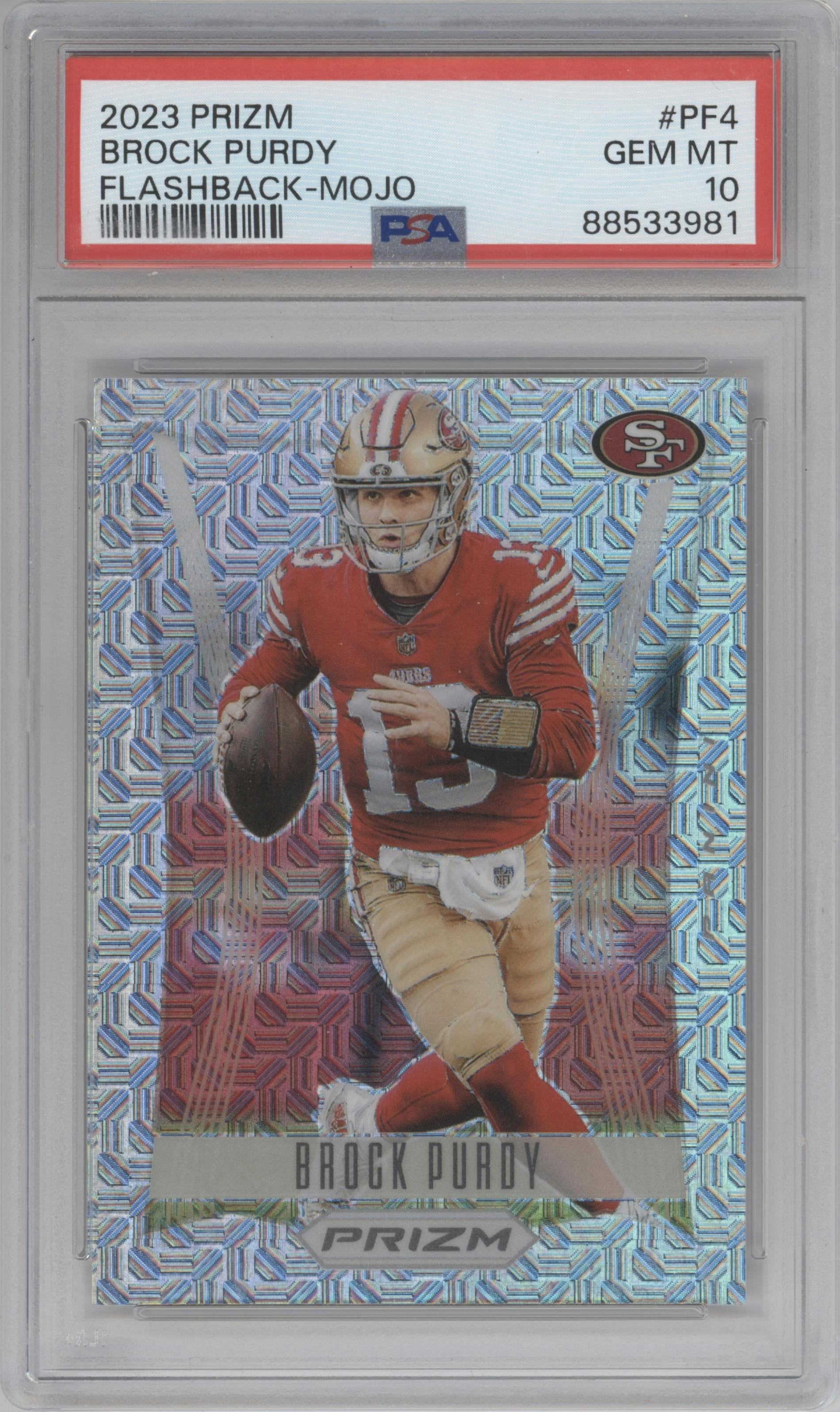 Brock Purdy from the 2023 Panini Prizm set featuring a Mojo parallel graded by PSA and given an overall grade of 10.
