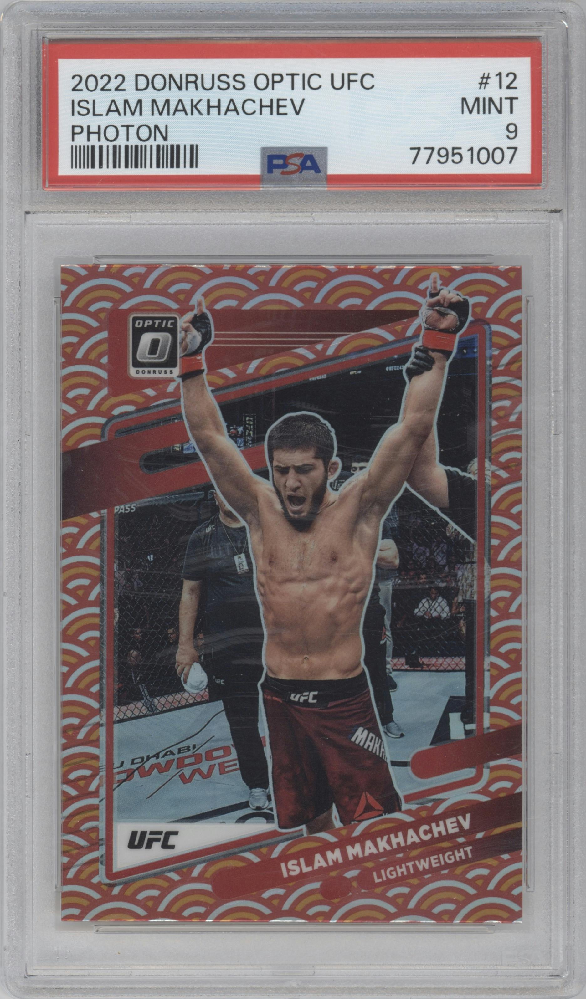 Islam Makhachev from the 2022 Donruss Optic UFC set featuring a Photon parallel graded by PSA and given an overall grade of 9.