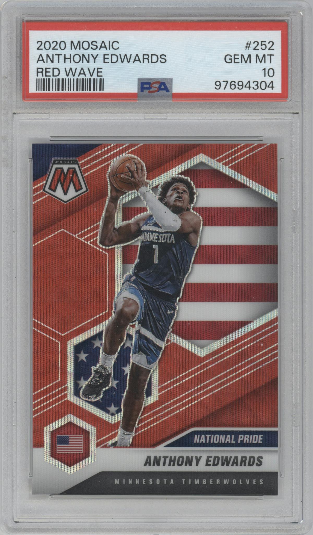 Anthony Edwards from the 2020-21 Panini Mosaic set featuring a Red Wave parallel graded by PSA and given an overall grade of 10.