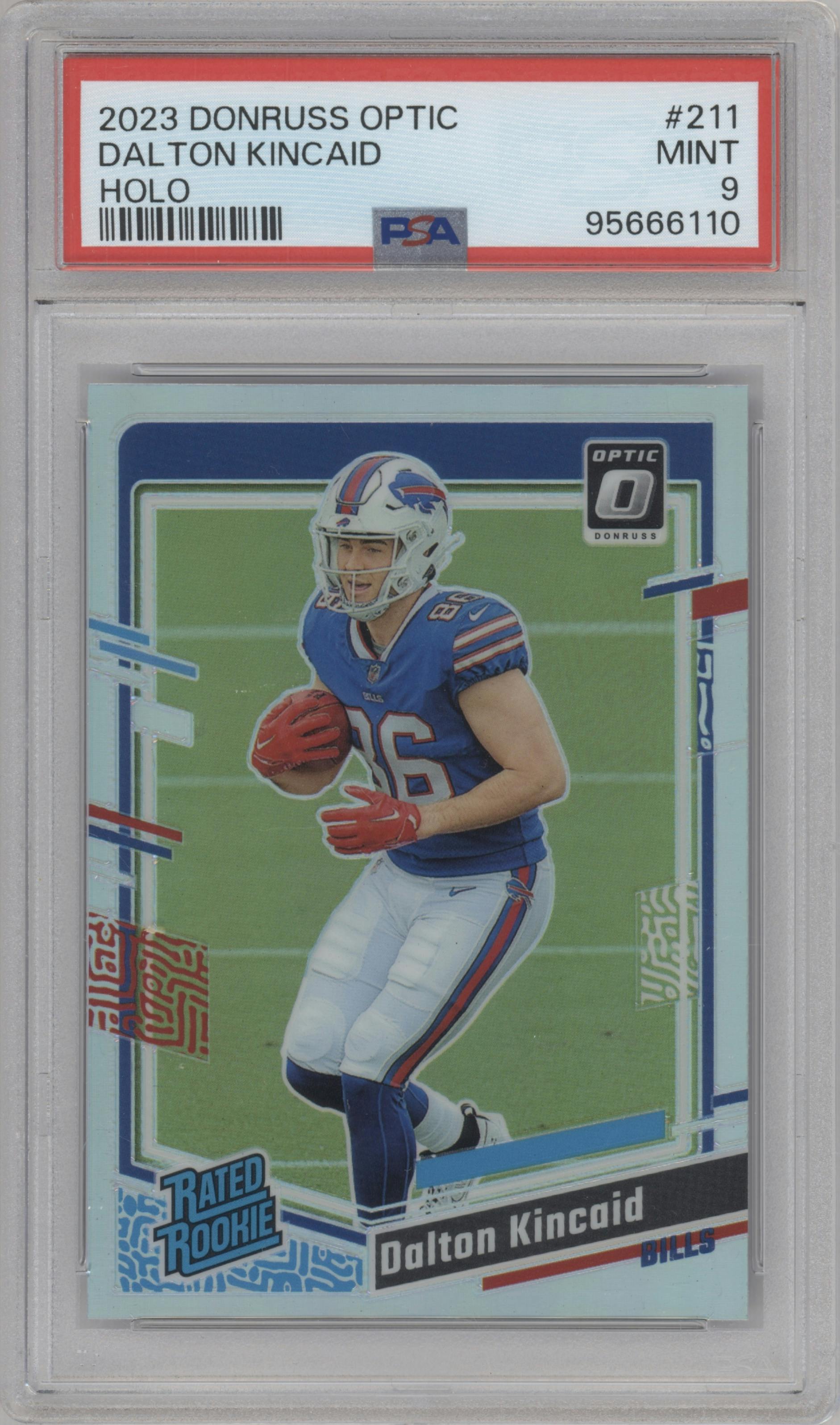 Dalton Kincaid from the 2023 Donruss Optic set featuring a Holo parallel graded by PSA and given an overall grade of 9.