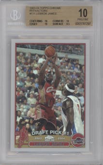LeBron James from the 2003-04 Topps Chrome set featuring a Refractor parallel graded by Beckett and given an overall grade of 10.