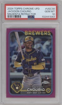 Jackson Chourio from the 2024 Topps Chrome Update set featuring a Magenta Refractor parallel graded by PSA and given an overall grade of 10.