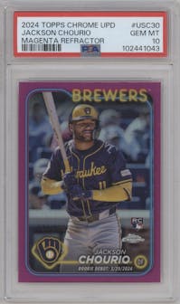 Jackson Chourio from the 2024 Topps Chrome Update set featuring a Magenta Refractor parallel graded by PSA and given an overall grade of 10.