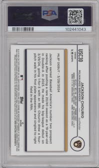 Jackson Chourio from the 2024 Topps Chrome Update set featuring a Magenta Refractor parallel graded by PSA and given an overall grade of 10.