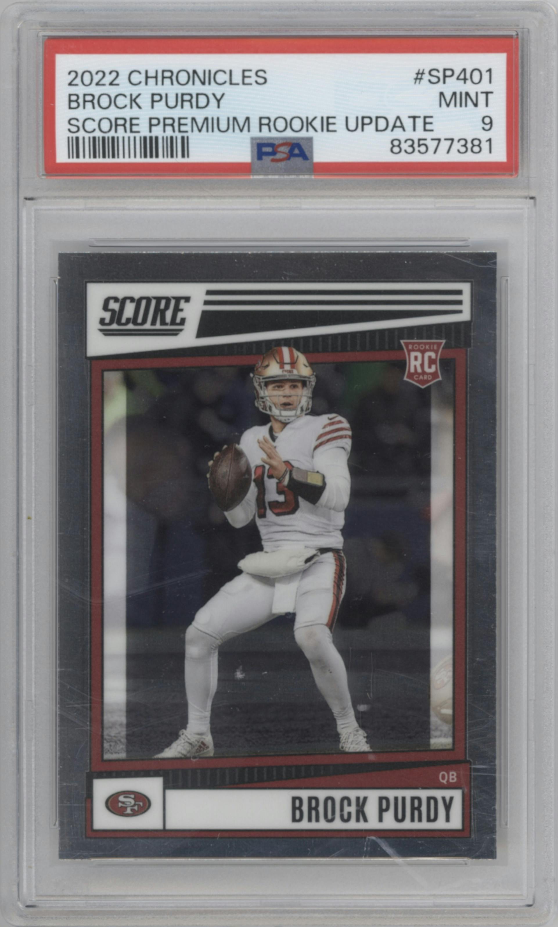 Brock Purdy from the 2022 Panini Chronicles set graded by PSA and given an overall grade of 9.