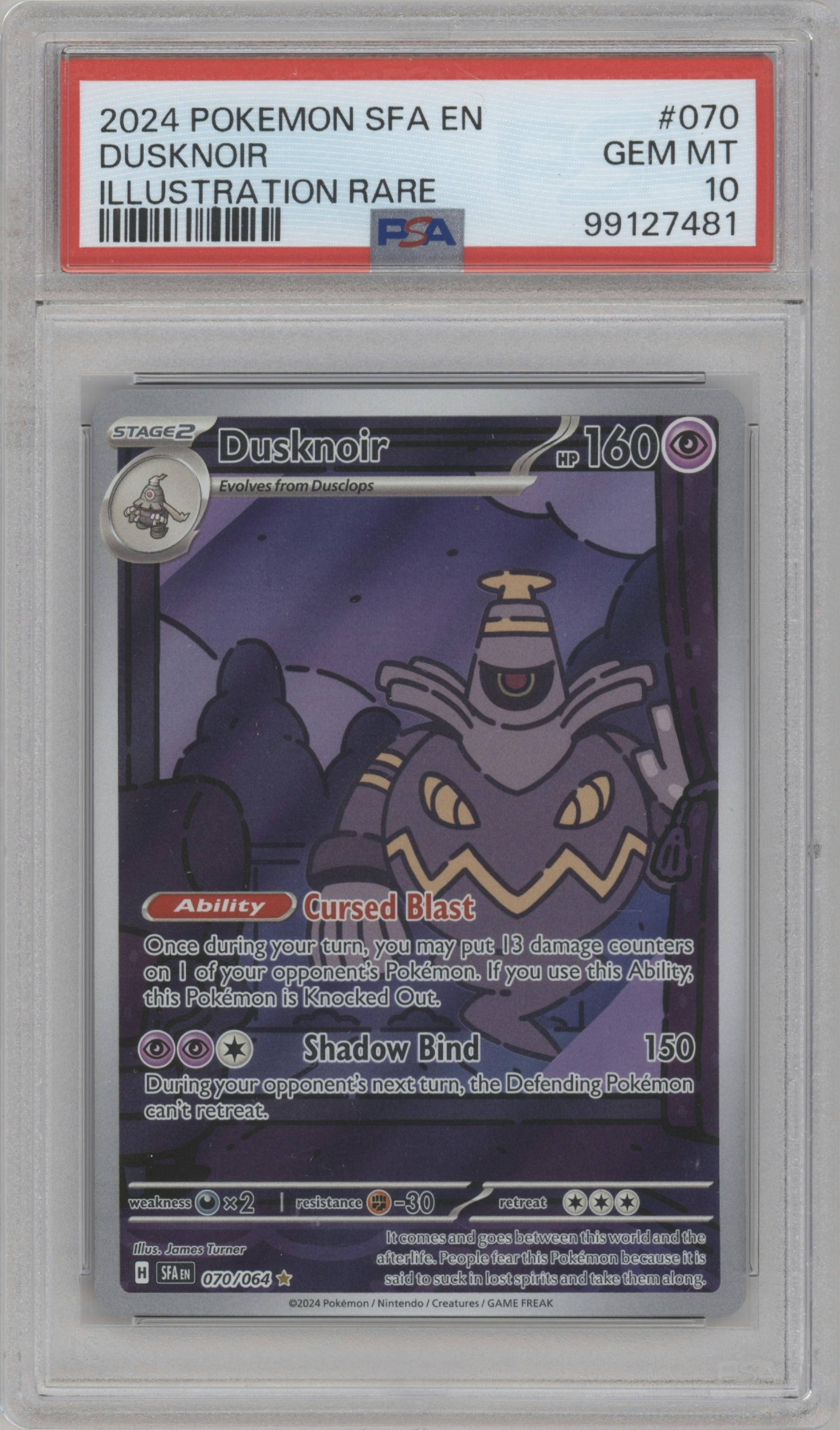 Dusknoir from the 2024 Pokemon SV set graded by PSA and given an overall grade of 10.