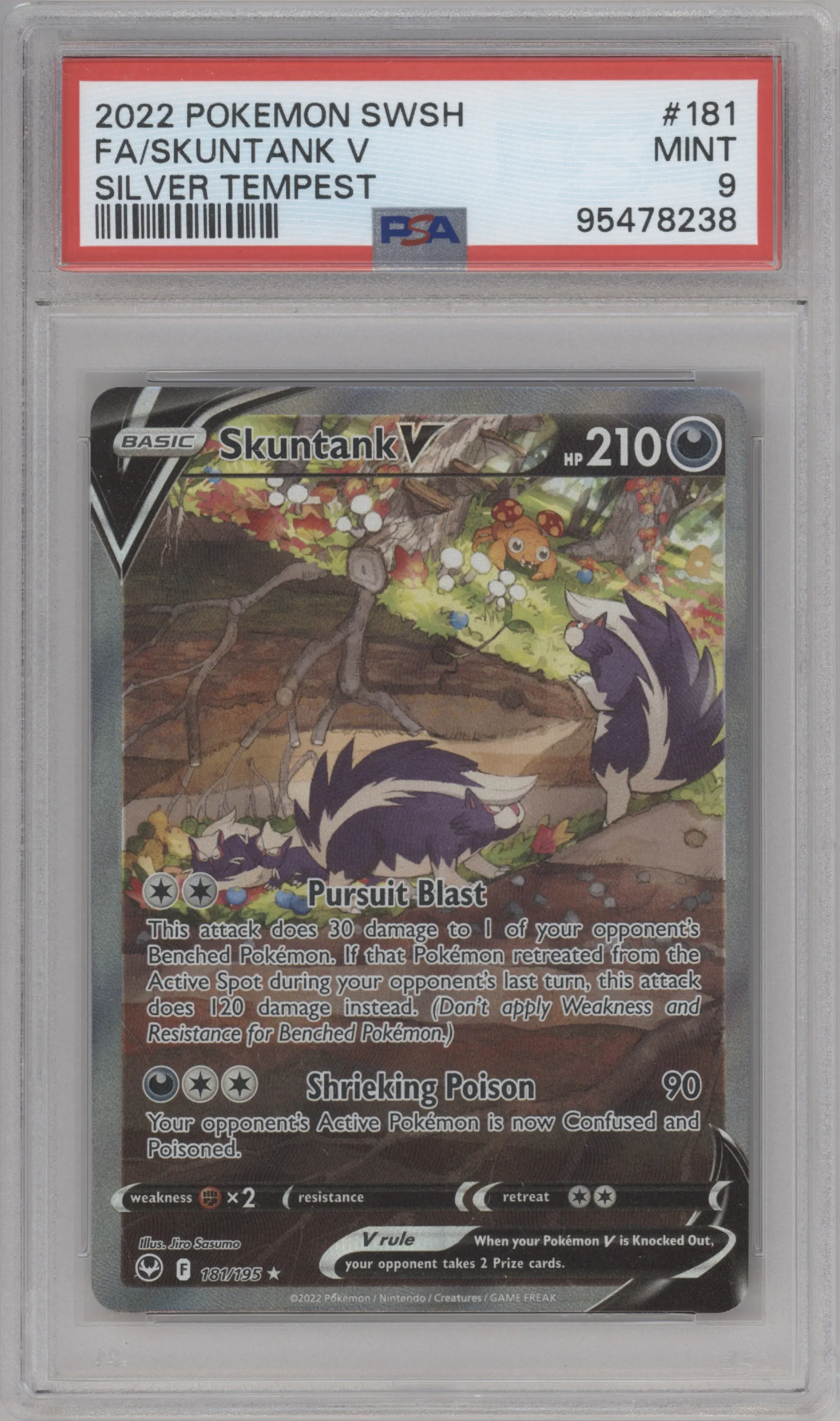 Skuntank V from the 2022 Pokemon SWSH set graded by PSA and given an overall grade of 9.
