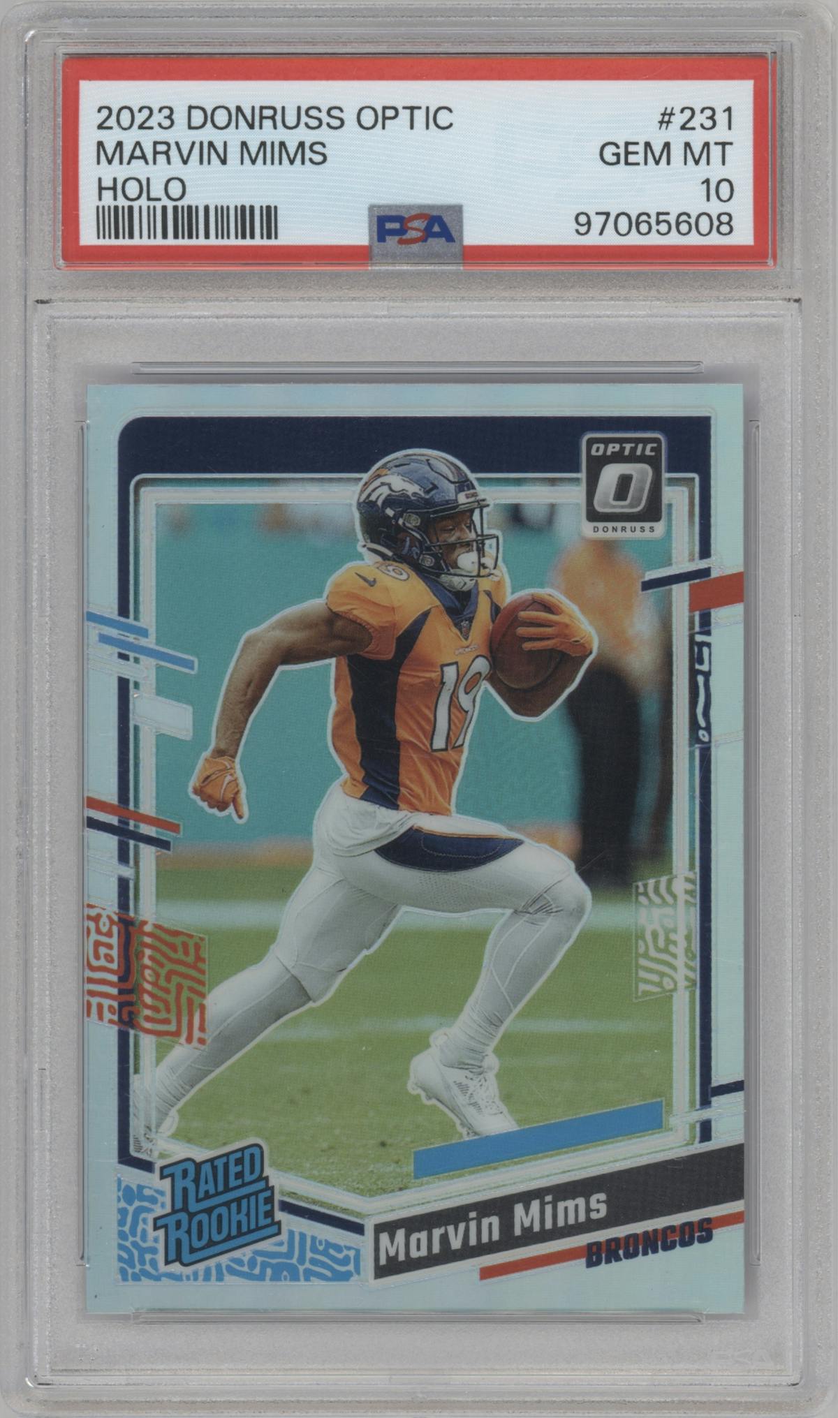 Marvin Mims from the 2023 Donruss Optic set featuring a Holo parallel graded by PSA and given an overall grade of 10.