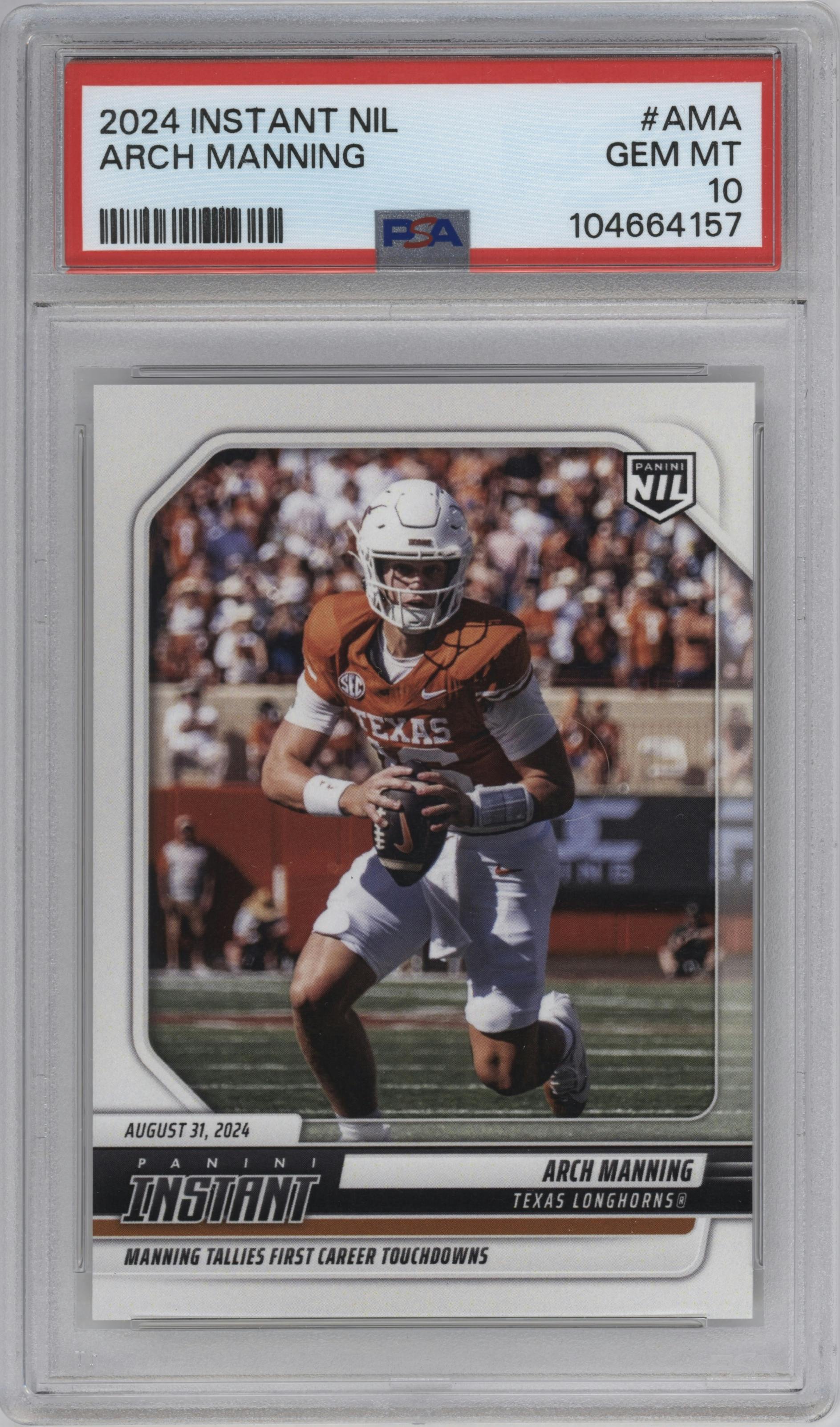Arch Manning from the 2024 Panini Instant NIL set graded by PSA and given an overall grade of 10.