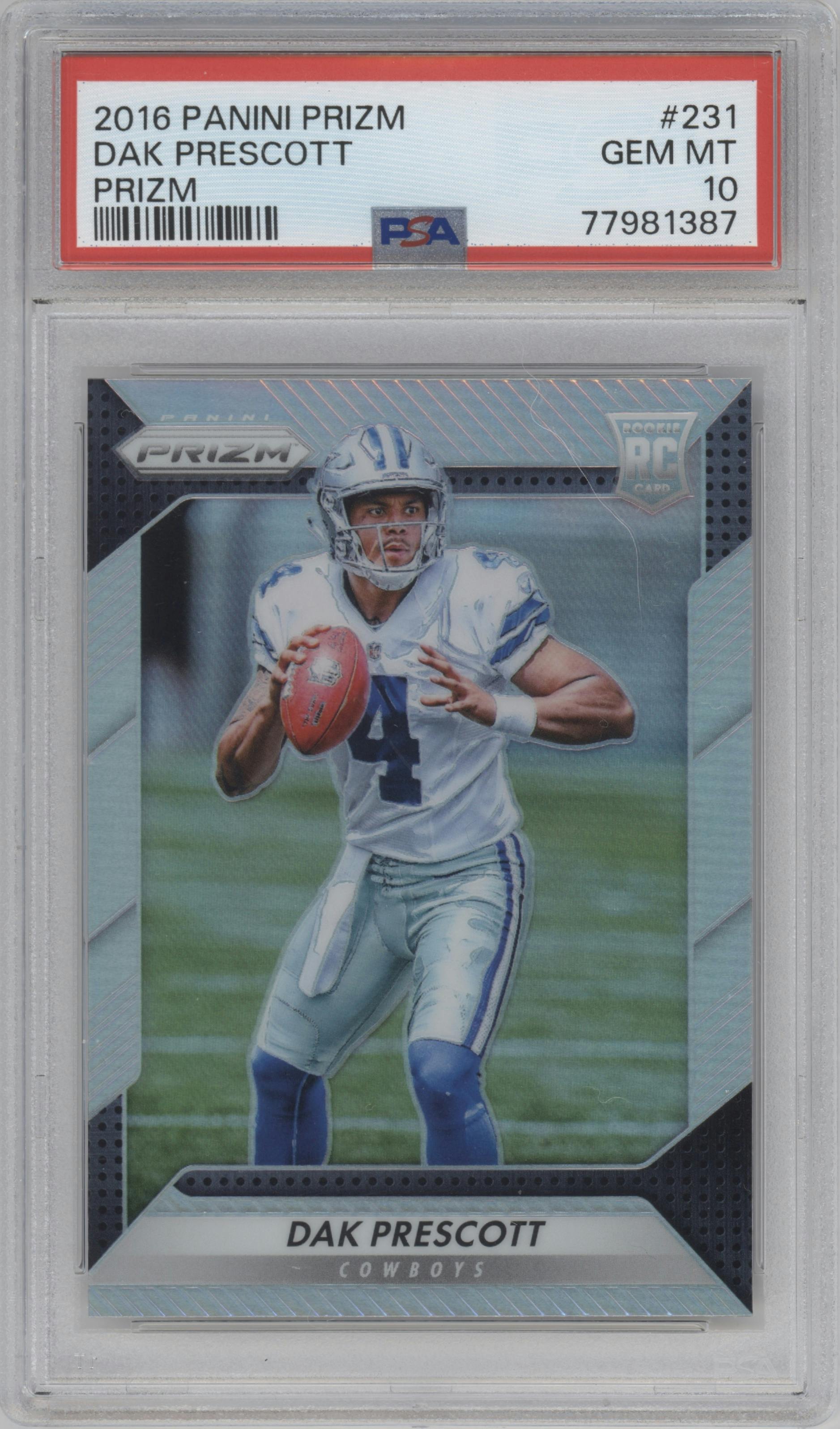 Dak Prescott from the 2016 Panini Prizm set featuring a Prizm parallel graded by PSA and given an overall grade of 10.