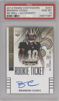 Brandin Cooks from the 2014 Panini Contenders set graded by PSA and given an overall grade of 10.