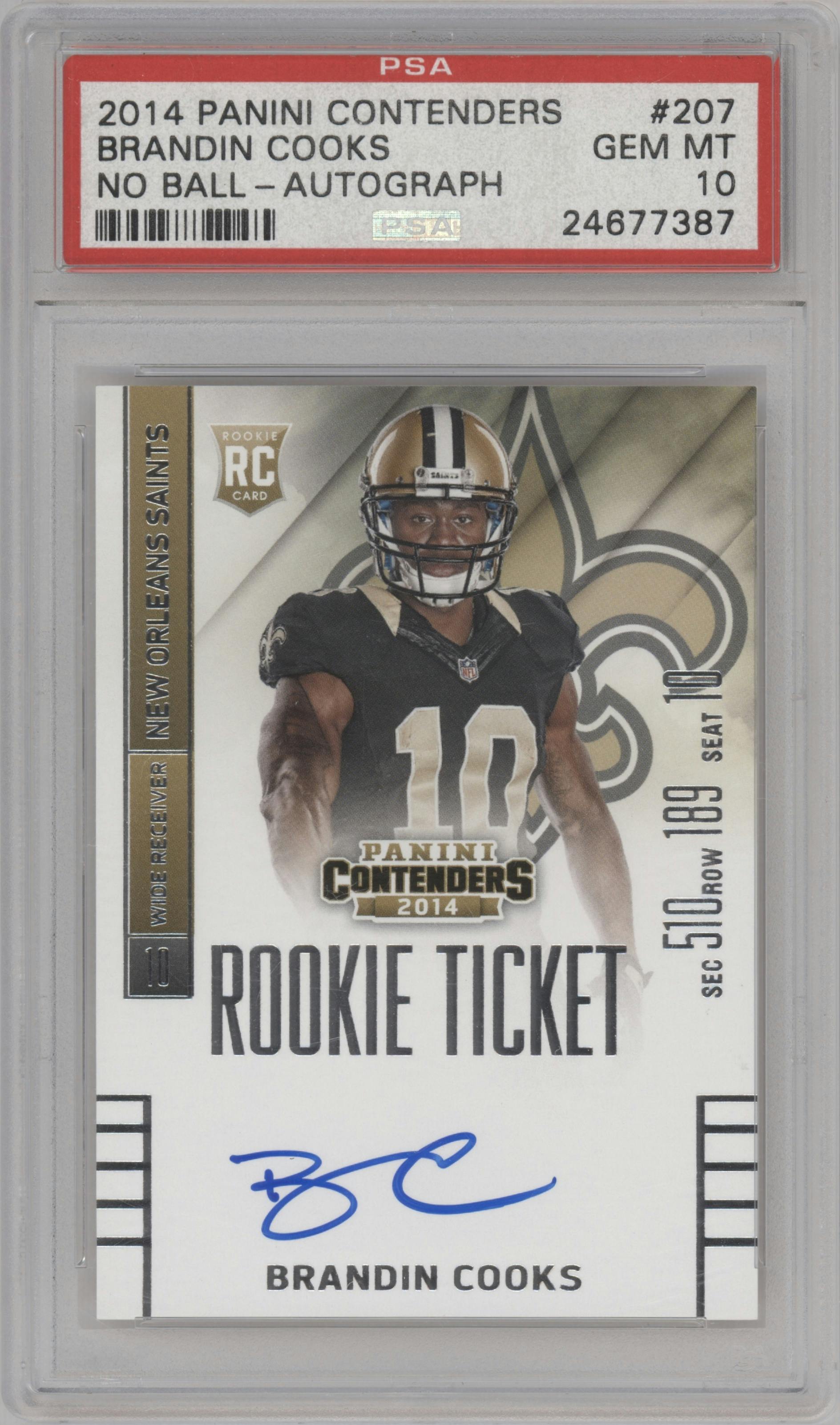 Brandin Cooks from the 2014 Panini Contenders set graded by PSA and given an overall grade of 10.