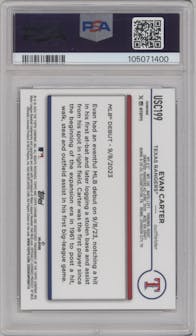 Evan Carter from the 2024 Topps Chrome Update set featuring a Magenta/Purple Lava Lamp Refractors parallel graded by PSA and given an overall grade of 9.