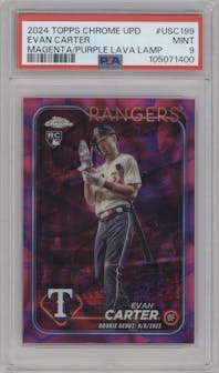 Evan Carter from the 2024 Topps Chrome Update set featuring a Magenta/Purple Lava Lamp Refractors parallel graded by PSA and given an overall grade of 9.