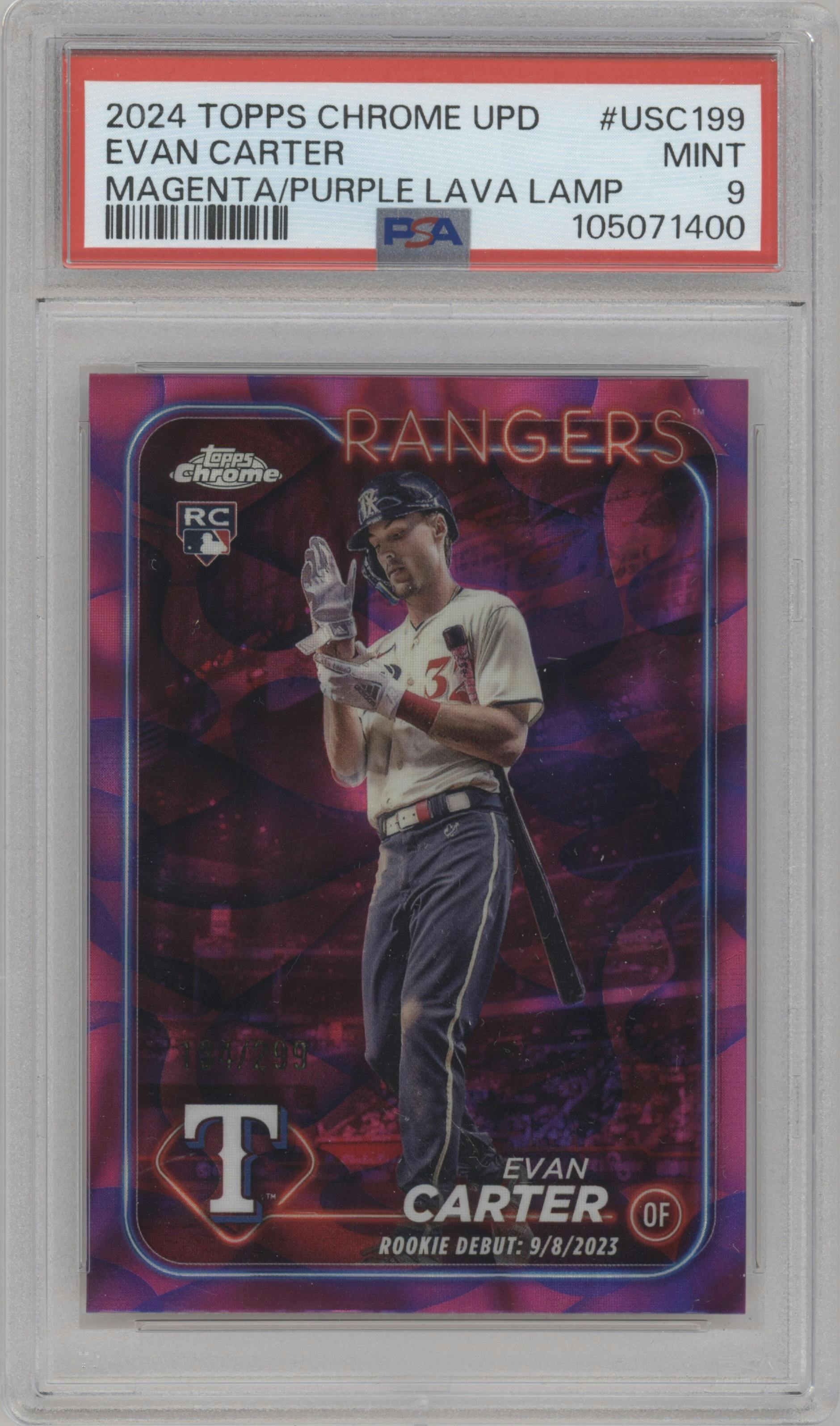 Evan Carter from the 2024 Topps Chrome Update set featuring a Magenta/Purple Lava Lamp Refractors parallel graded by PSA and given an overall grade of 9.