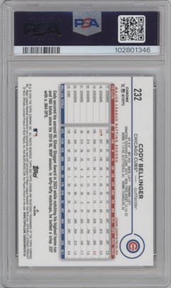 Cody Bellinger from the 2024 Topps Chrome Logofractor set featuring a Rose Gold Refractor	 parallel graded by PSA and given an overall grade of 9.