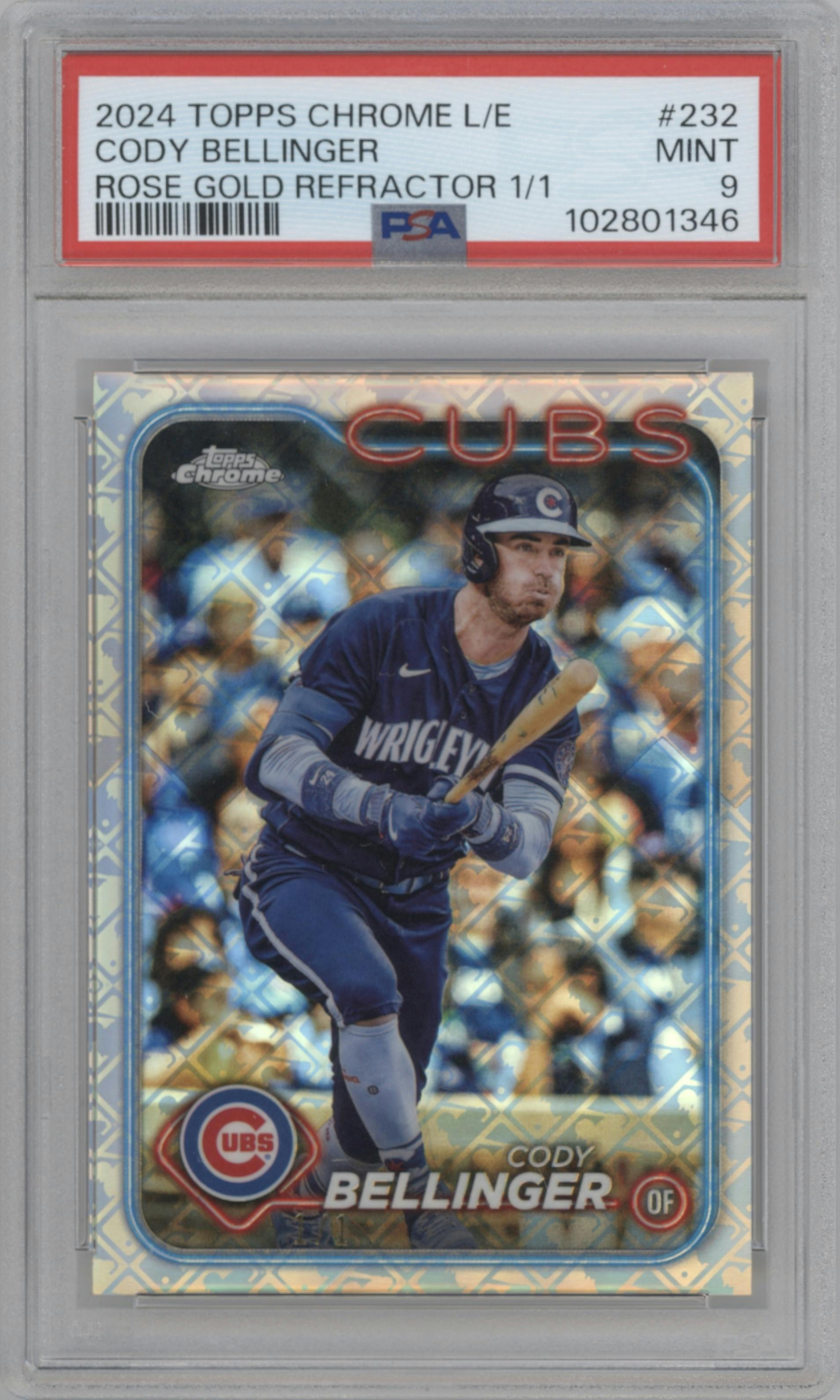 Cody Bellinger from the 2024 Topps Chrome Logofractor set featuring a Rose Gold Refractor	 parallel graded by PSA and given an overall grade of 9.