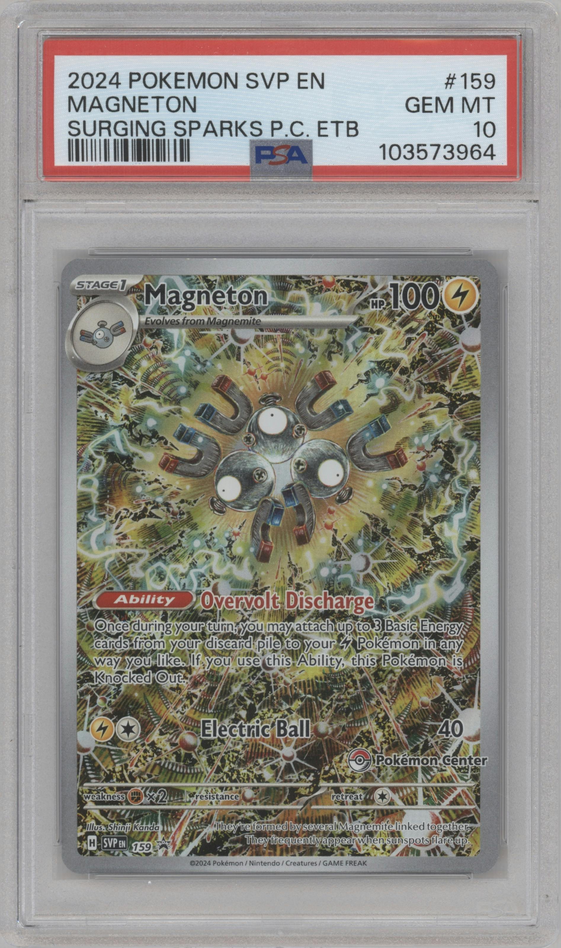 Magneton from the 2024 Pokemon SV set featuring a Surging Sparks Pokemon Center Elite Trainer boxes parallel graded by PSA and given an overall grade of 10.