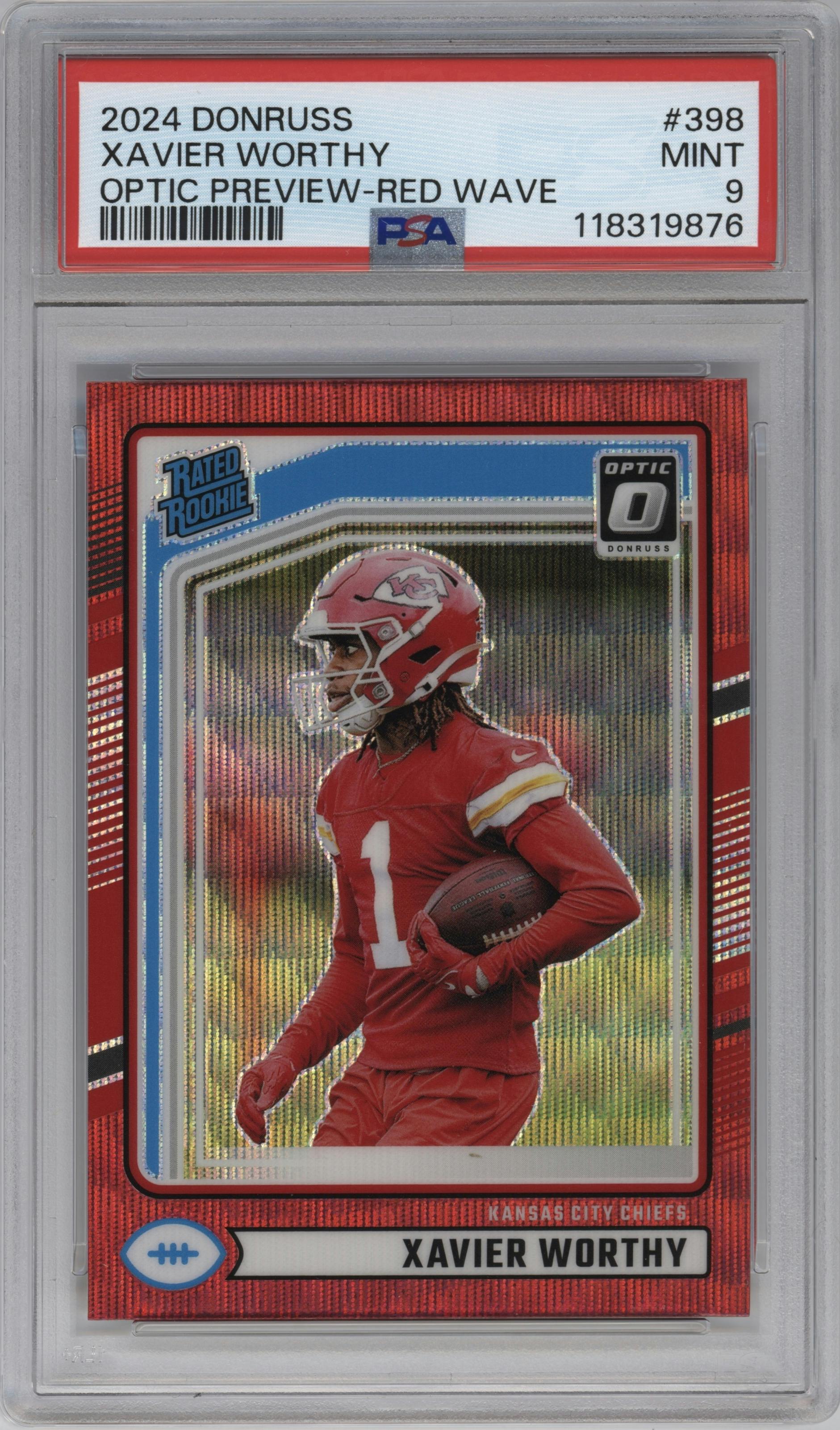 Xavier Worthy from the 2024 Donruss set featuring a Red Wave parallel graded by PSA and given an overall grade of 9.