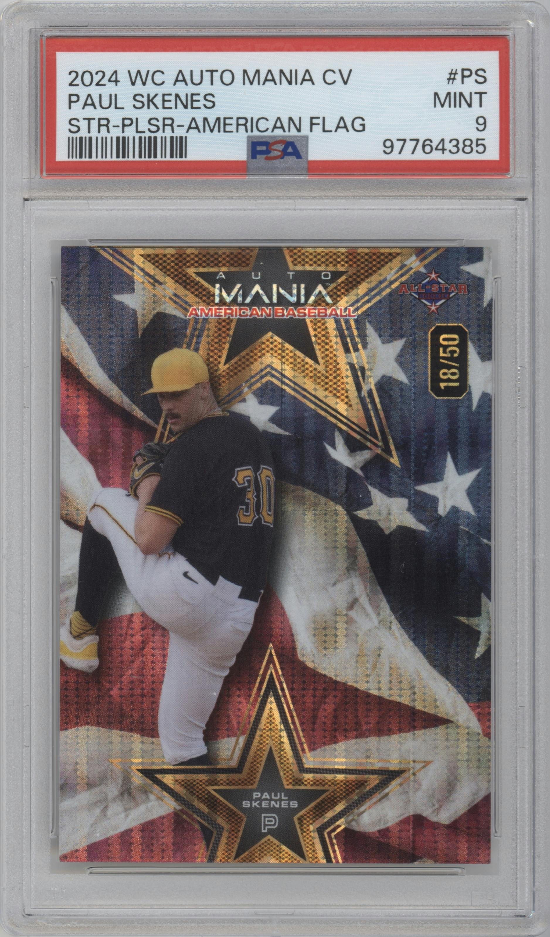 Paul Skenes from the 2024 Wild Card Automania American Baseball  Clearview Paul Skenes National Exclusive set featuring a American Flag Pulsar Foil Board parallel graded by PSA and given an overall grade of 9.