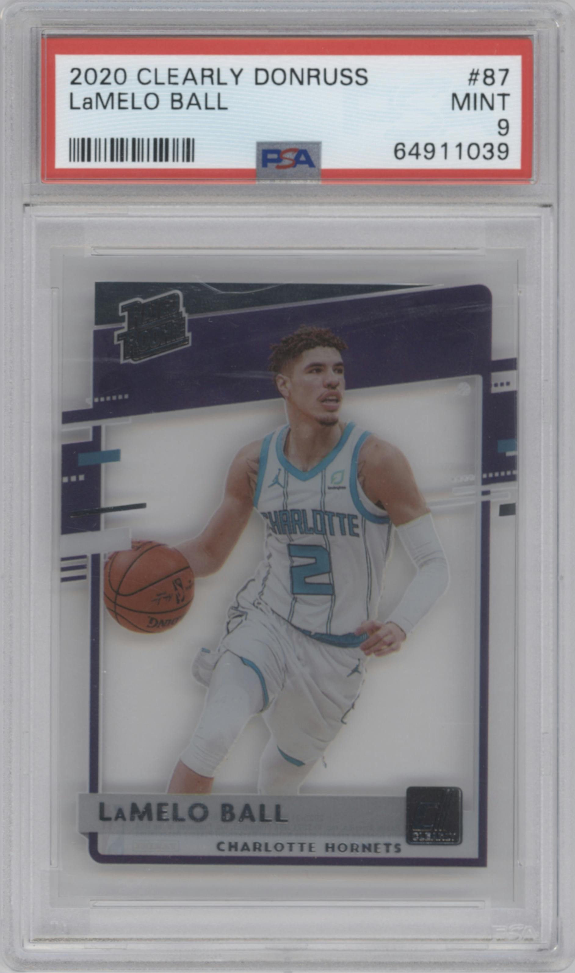 LaMelo Ball from the 2020-21 Clearly Donruss set graded by PSA and given an overall grade of 9.