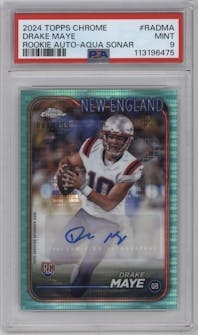 Drake Maye from the 2024 Topps Chrome set featuring a Aqua Sonar Refractor parallel graded by PSA and given an overall grade of 9.