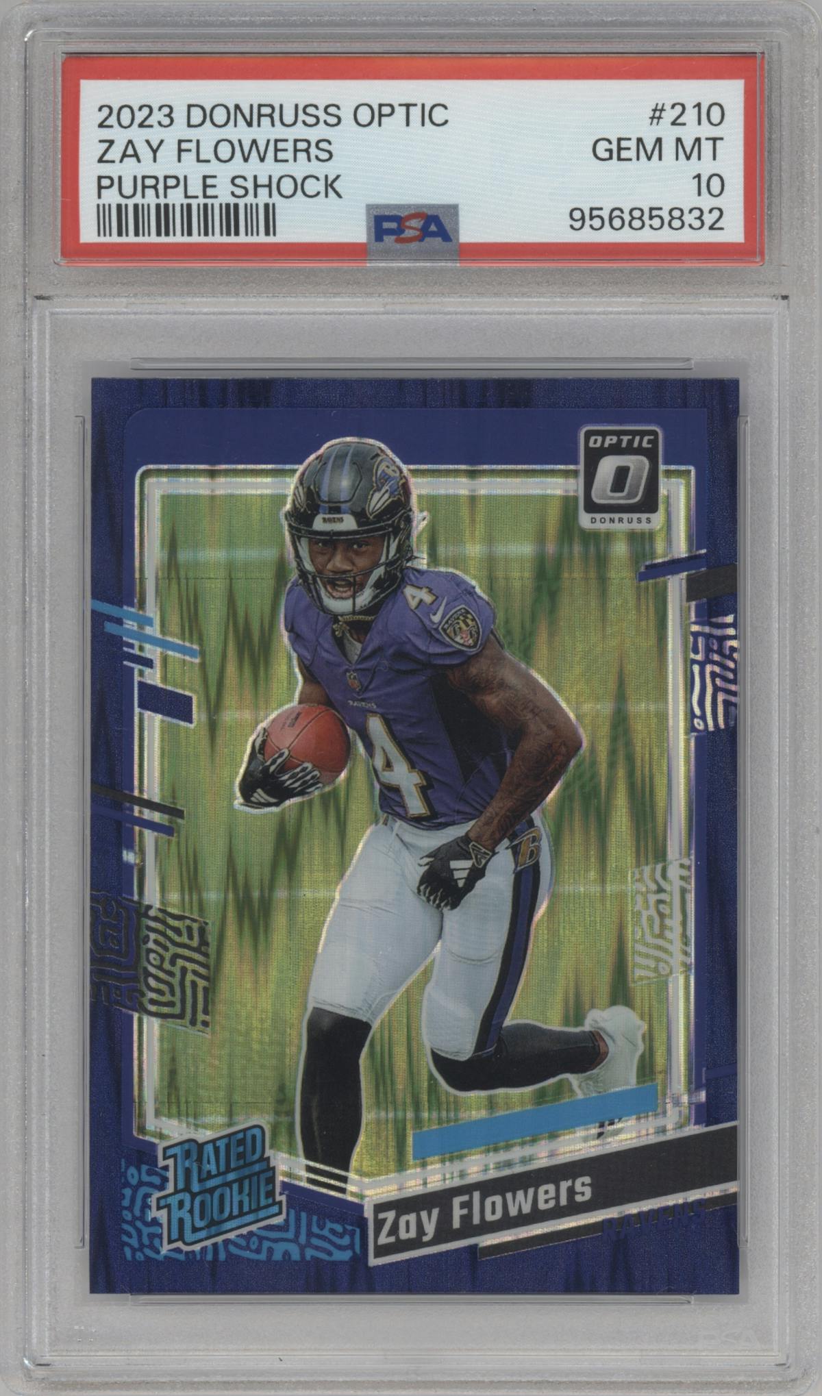 Zay Flowers from the 2023 Donruss Optic set featuring a  Purple Shock parallel graded by PSA and given an overall grade of 10.