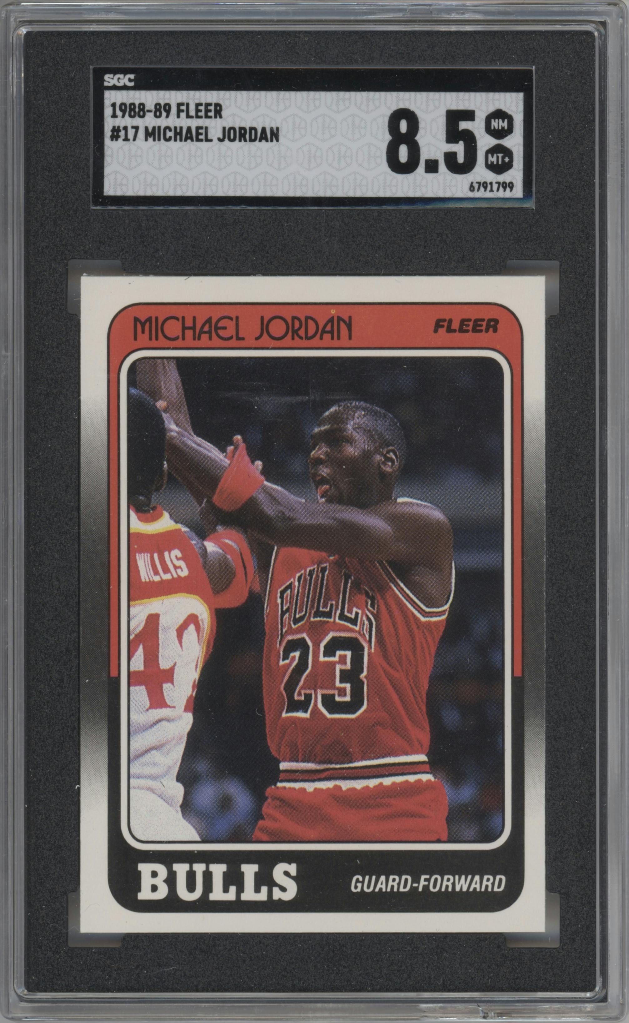 Michael Jordan from the 1988-89 Fleer set graded by SGC and given an overall grade of 8.5.