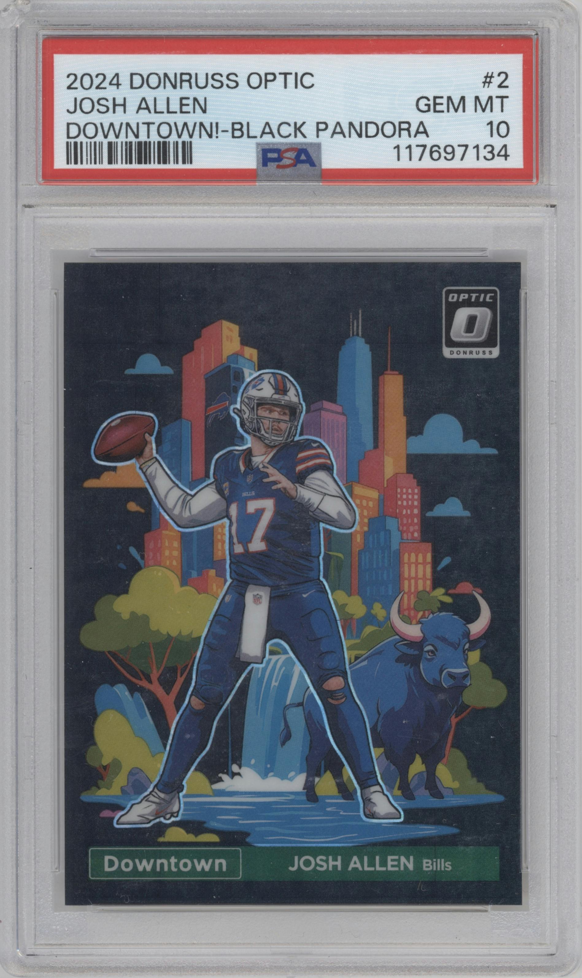 Josh Allen from the 2024 Donruss Optic set featuring a Black Pandora parallel graded by PSA and given an overall grade of 10.