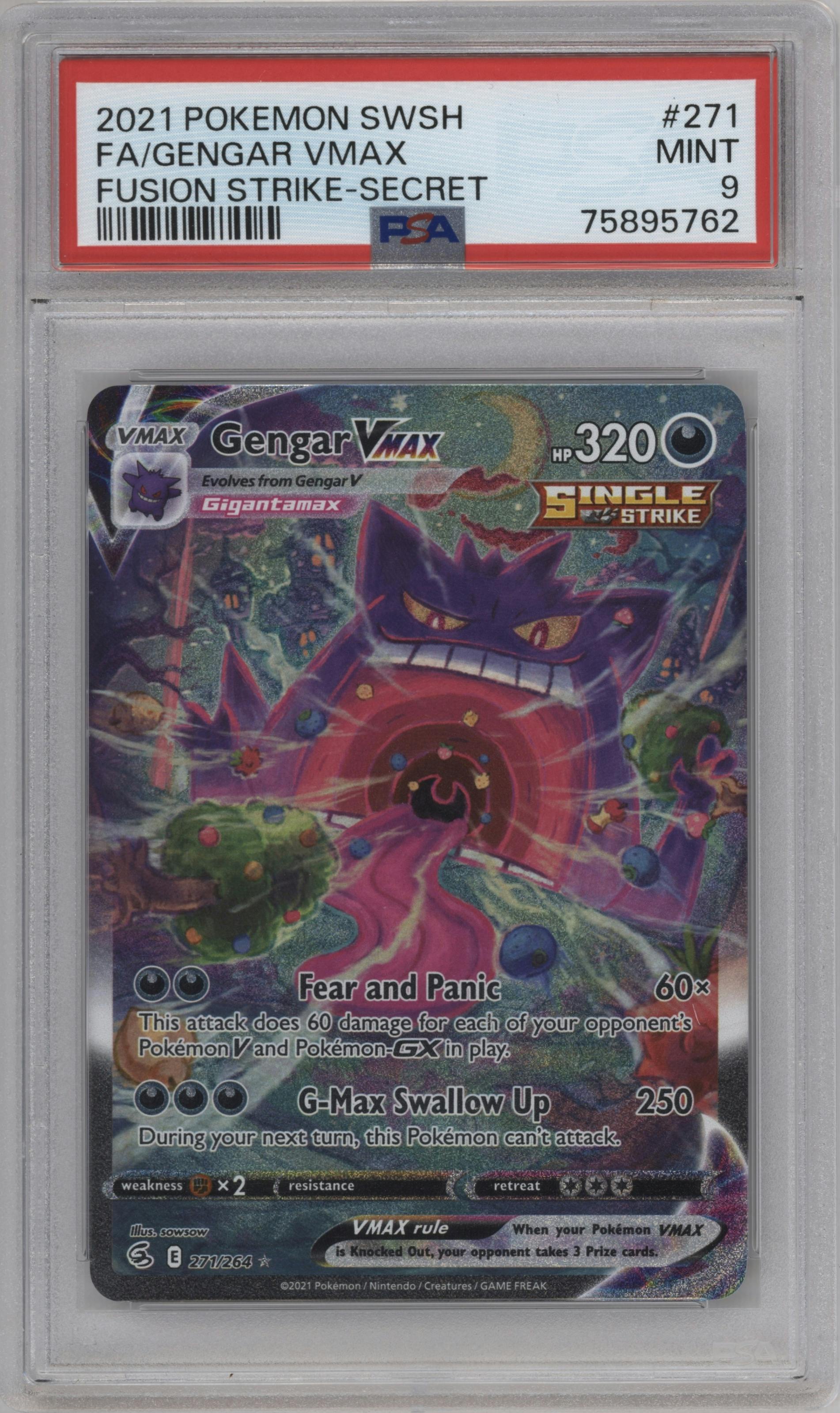 Gengar VMAX from the 2021 Pokemon SWSH set graded by PSA and given an overall grade of 9.