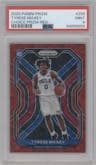 Tyrese Maxey from the 2020-21 Panini Prizm set featuring a Choice Red parallel graded by PSA and given an overall grade of 9.