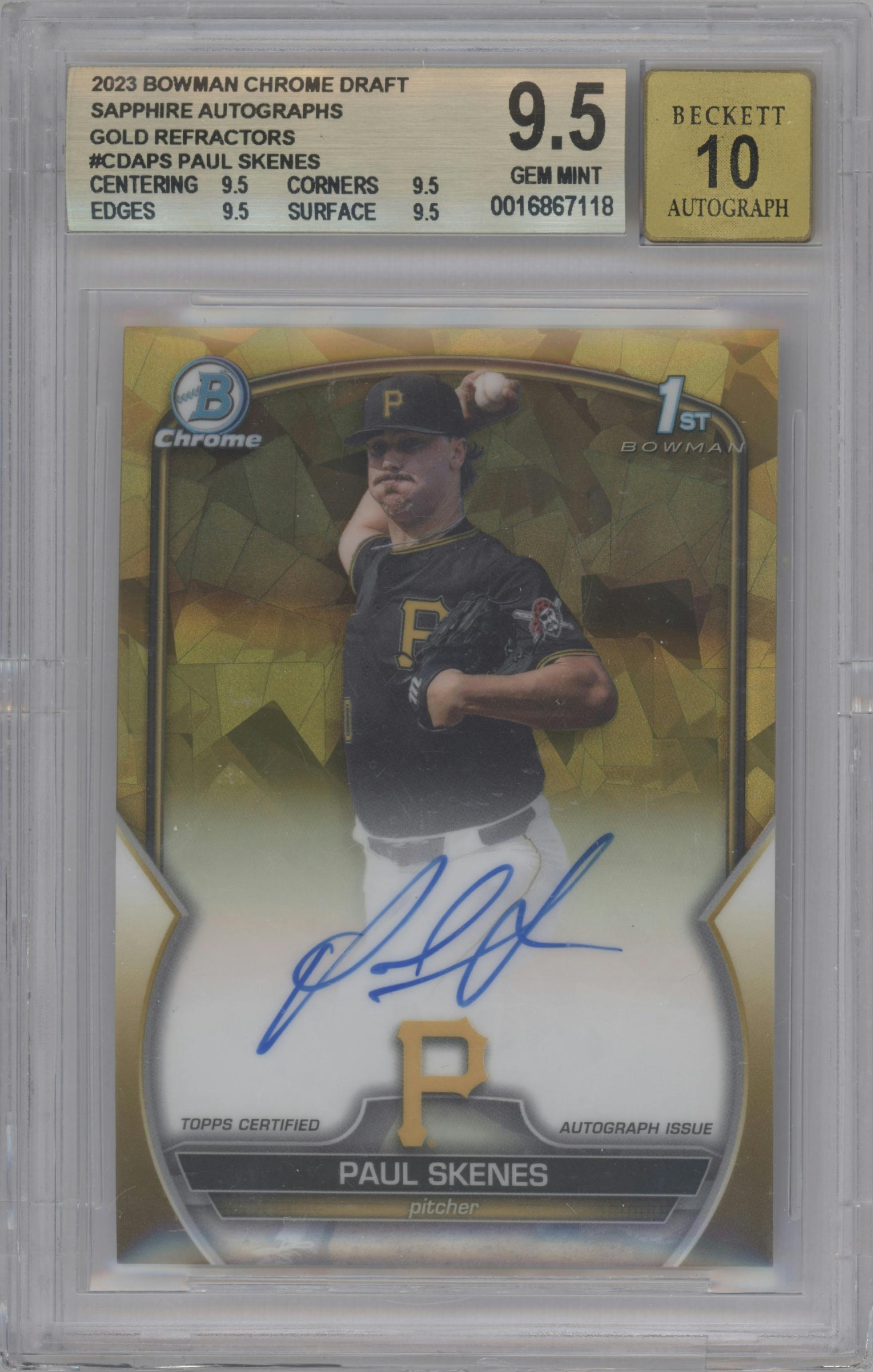 Paul Skenes from the 2023 Bowman Draft Sapphire set featuring a Gold parallel graded by Beckett and given an overall grade of 9.5.