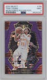 Trae Young from the 2022-23 Panini Select set featuring a Neon Purple Pulsar parallel graded by PSA and given an overall grade of 9.