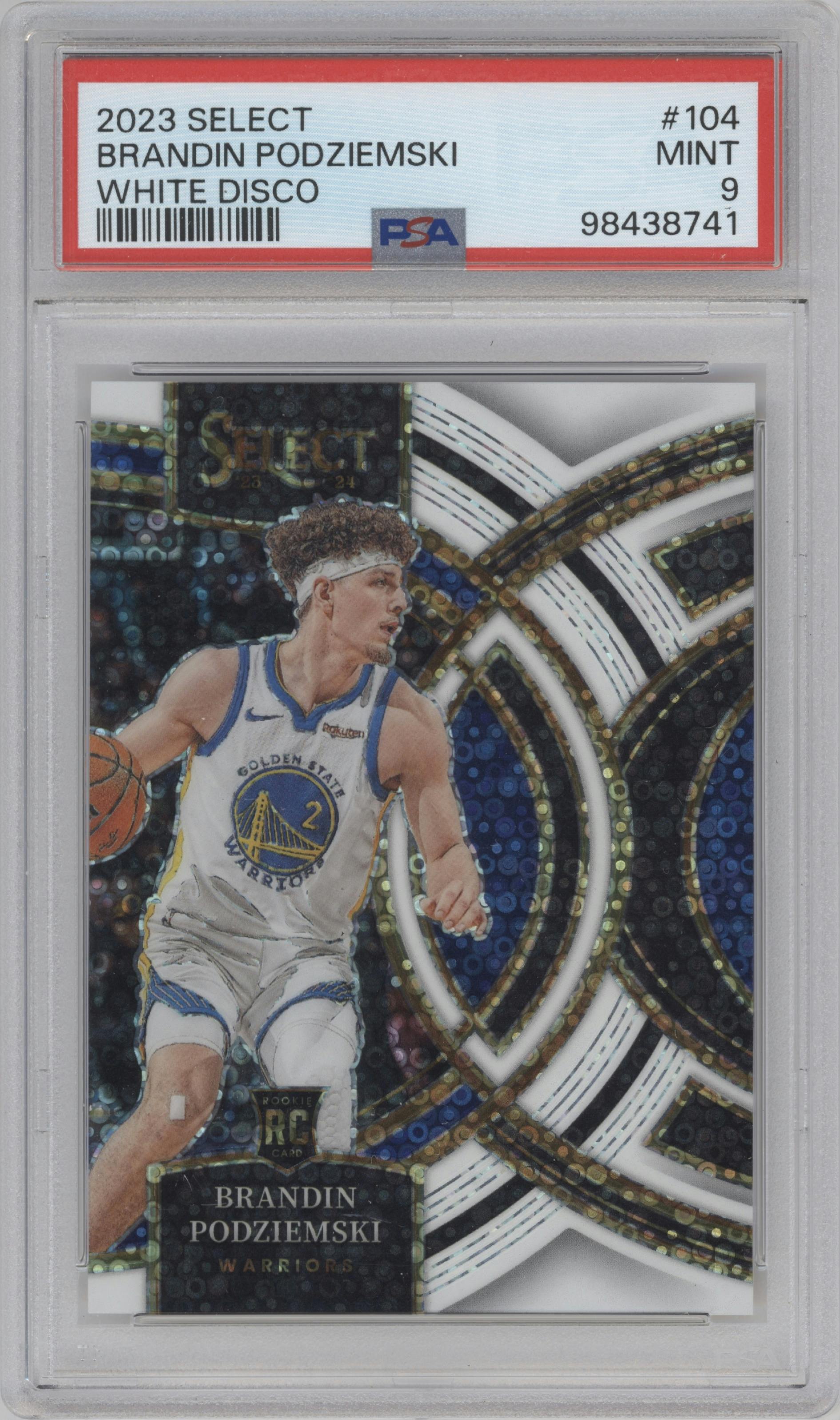 Brandin Podziemski from the 2023-24 Panini Select  set featuring a White Disco  parallel graded by PSA and given an overall grade of 9.