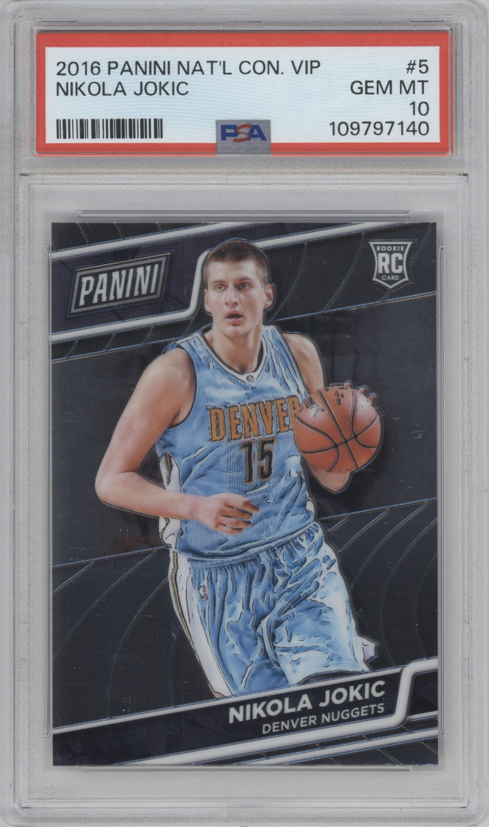 Nikola Jokic from the 2016 Panini National Convention VIP set graded by PSA and given an overall grade of 10.