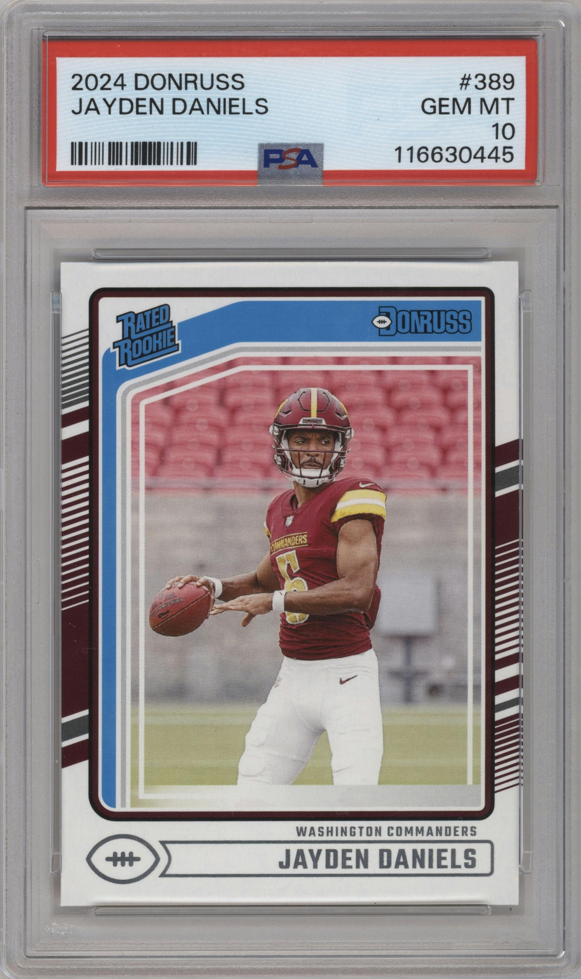 Jayden Daniels from the 2024 Donruss set graded by PSA and given an overall grade of 10.