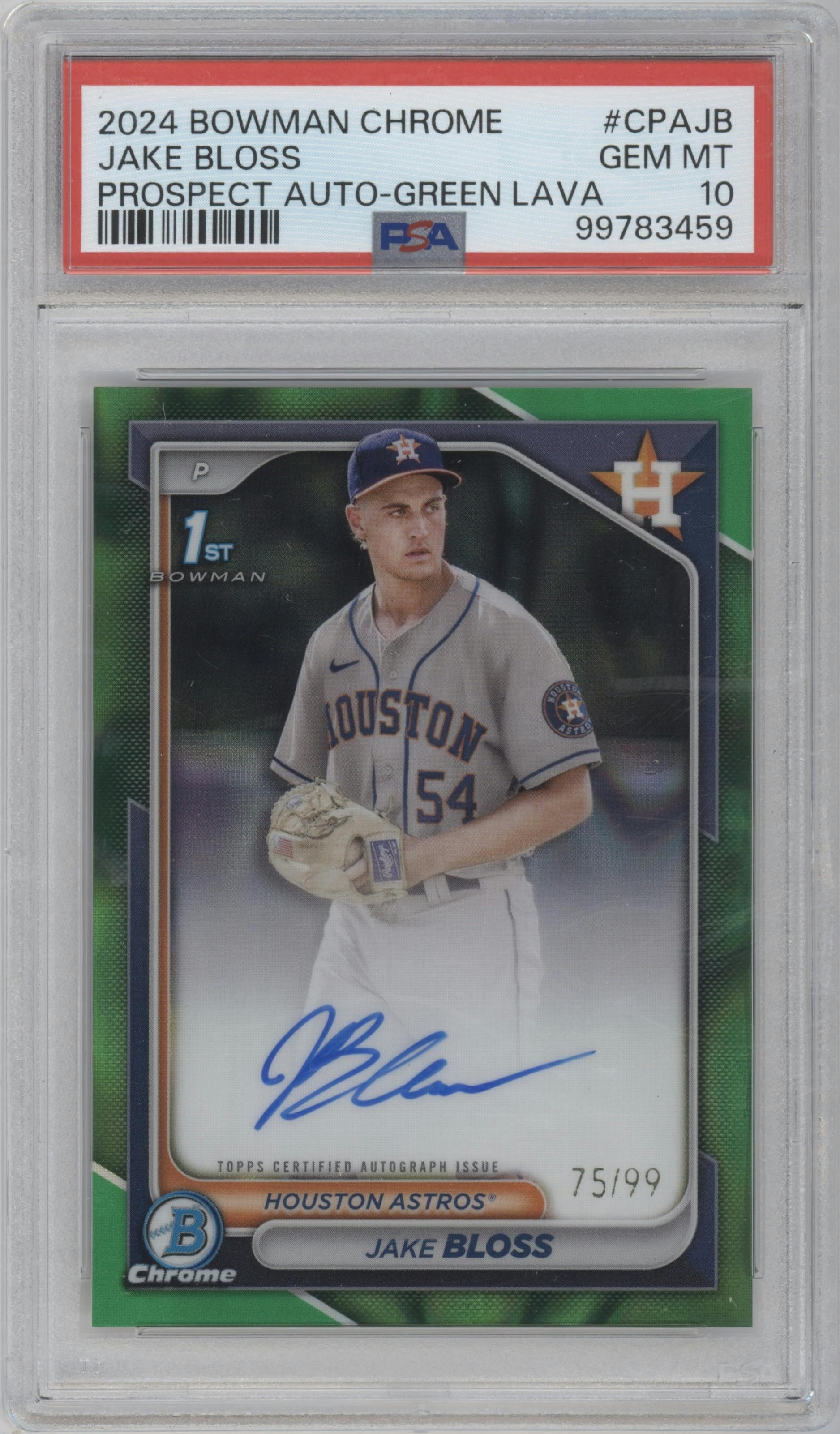 Jake Bloss from the 2024 Bowman Chrome set featuring a Green Lava Refractor parallel graded by PSA and given an overall grade of 10.