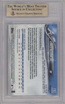Ronald Acuna Jr. from the 2018 Topps Chrome set featuring a Refractor   parallel graded by Beckett and given an overall grade of 9.5.
