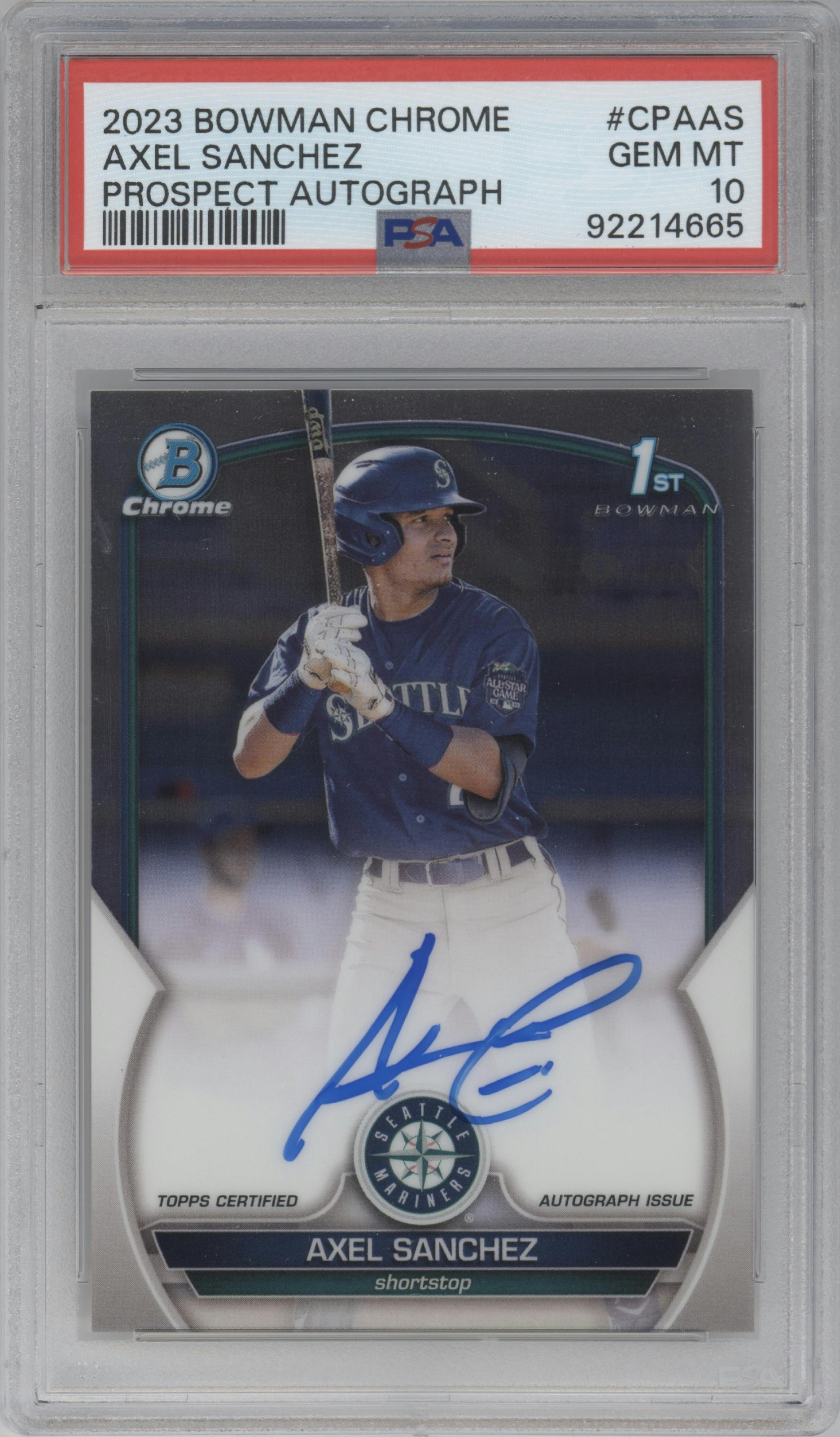 Axel Sanchez from the 2023 Bowman Chrome set graded by PSA and given an overall grade of 10.