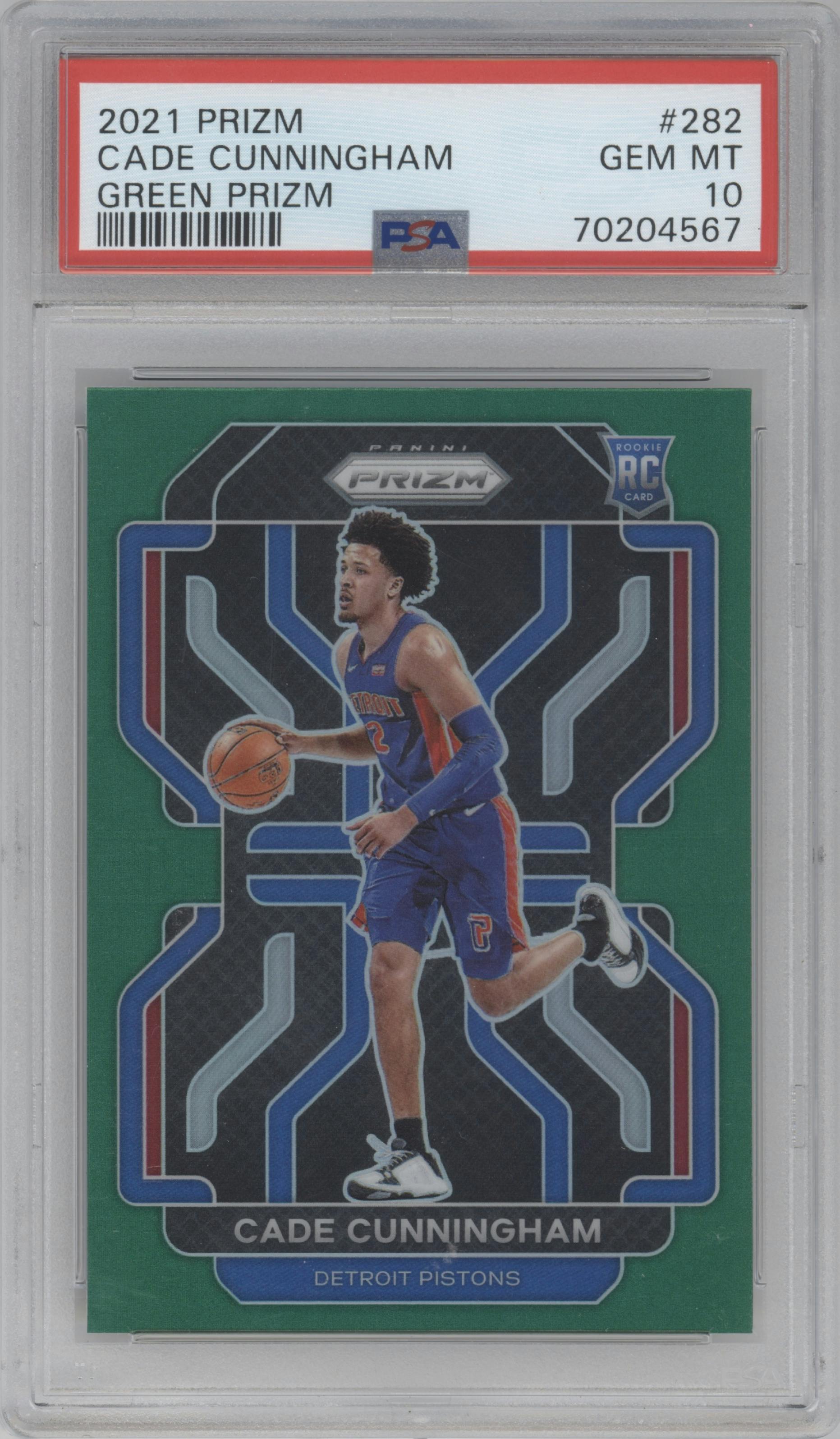 Cade Cunningham from the 2021-22 Panini Prizm  set featuring a Green Prizm parallel graded by PSA and given an overall grade of 10.