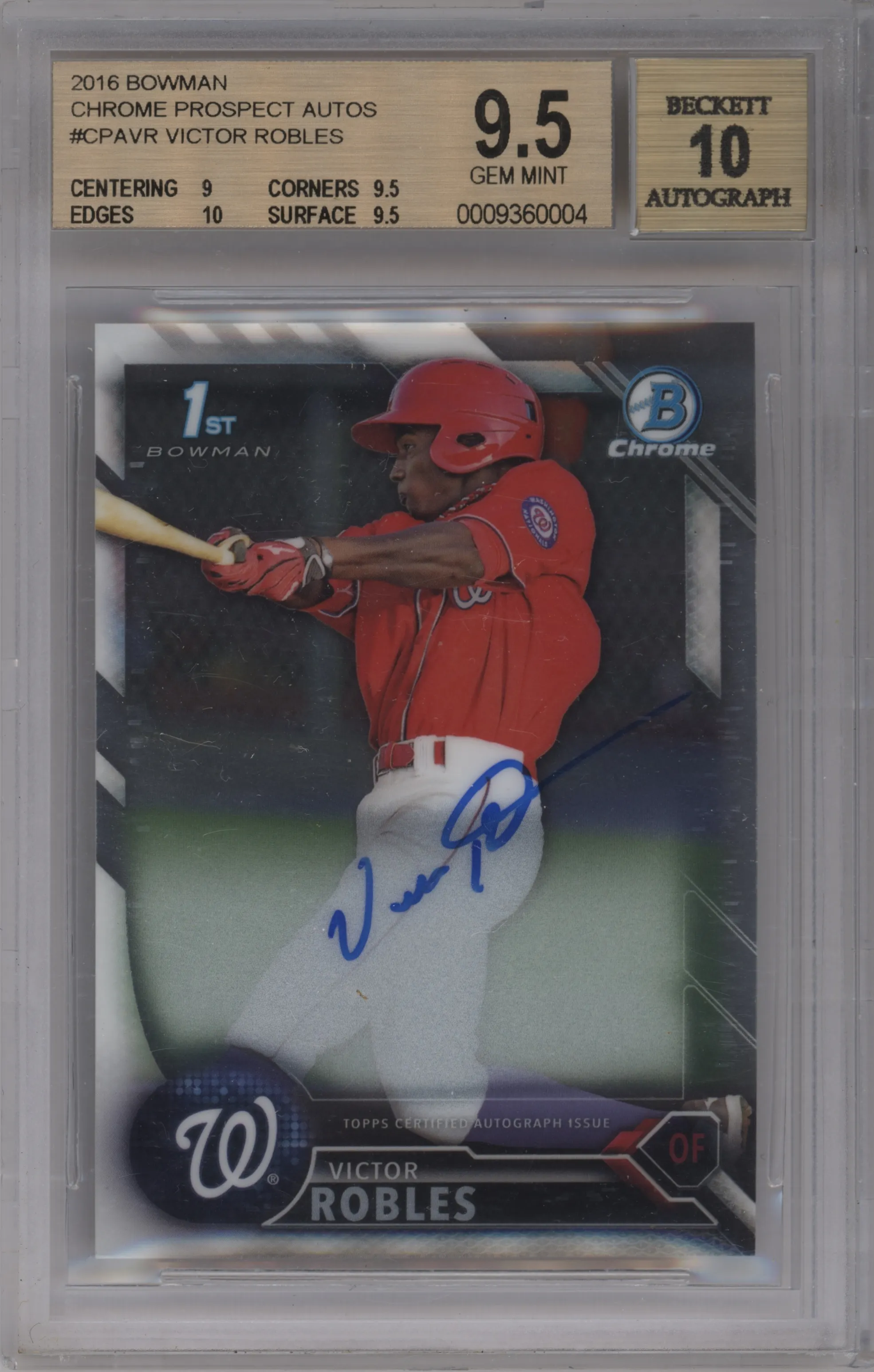 Victor Robles from the 2016 Bowman set graded by Beckett and given an overall grade of 9.5.
