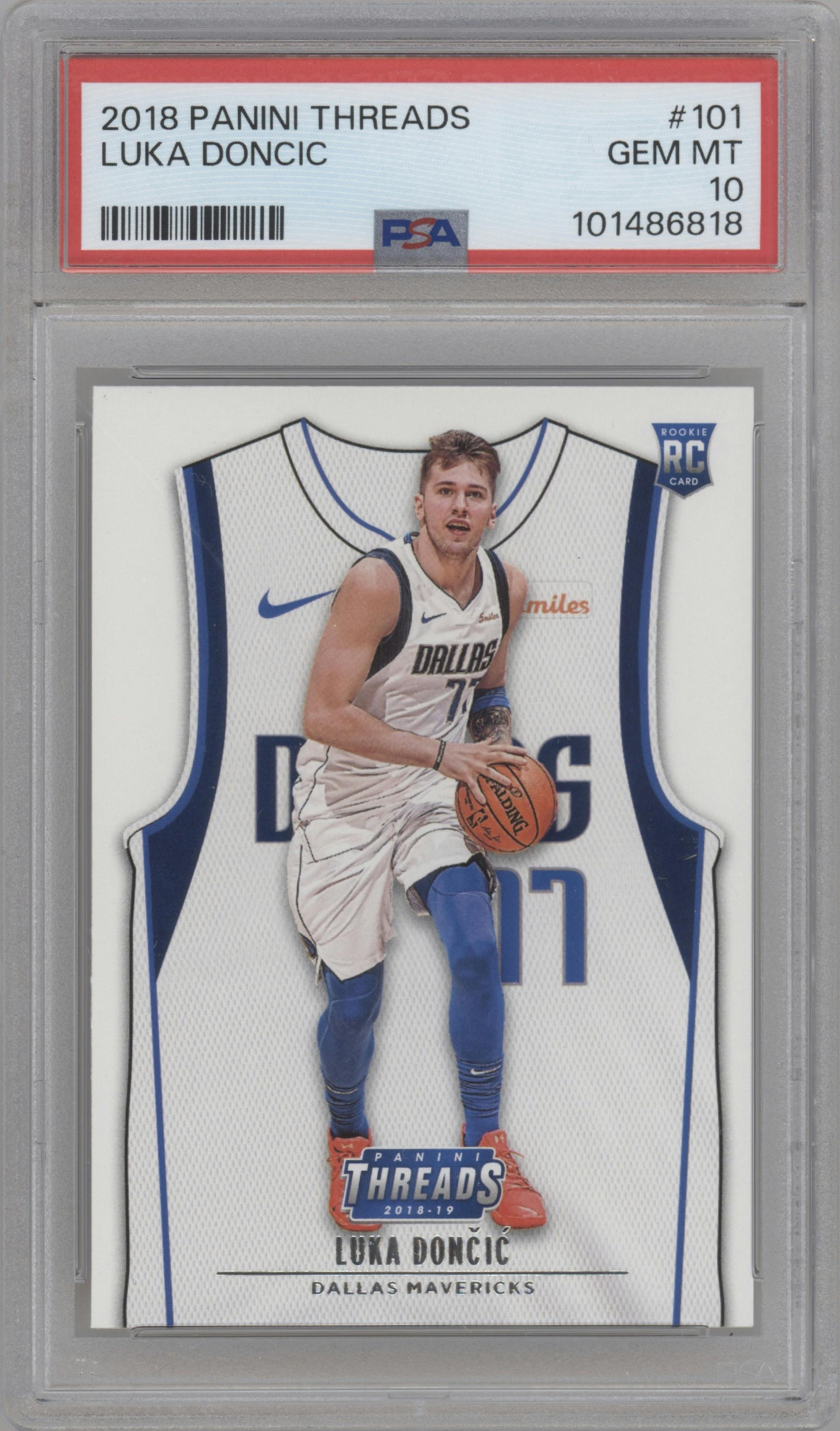 Luka Doncic from the 2018-19 Panini Threads  set graded by PSA and given an overall grade of 10.